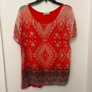 Multicolor Sheer Front Aztec Print Women's L Blouse Rhinestones Summer Festival